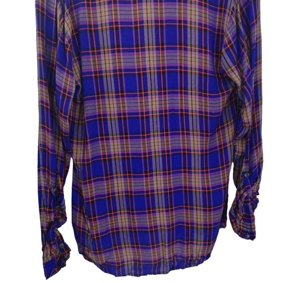 Splendid Plaid Popover Collar Roll Tab Sleeve Shirt Blouse Size M Blue Red Rayon - Picture 10 of 10